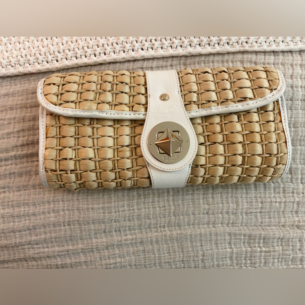 kate spade Woven Straw Clutch with White Leather Trim and Gold Hardware